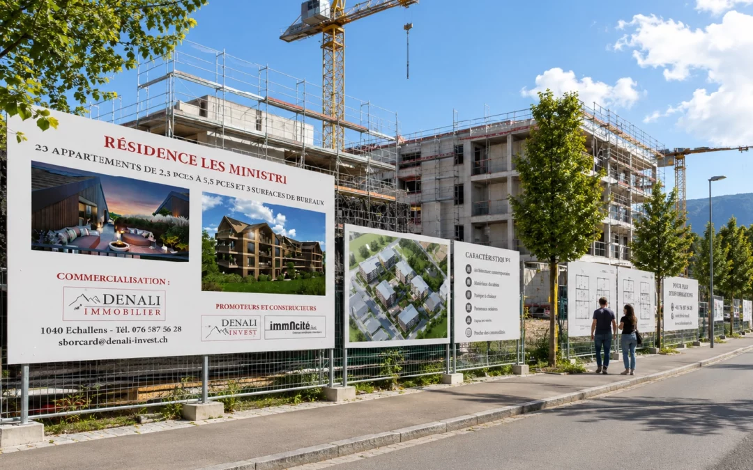 Panneau de chantier installé devant un projet immobilier en cours de réalisation.