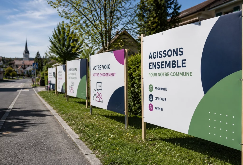 Panneaux électoraux EcoPrint Ackipac installés pour un affichage temporaire extérieur dans un quartier suisse fictif.