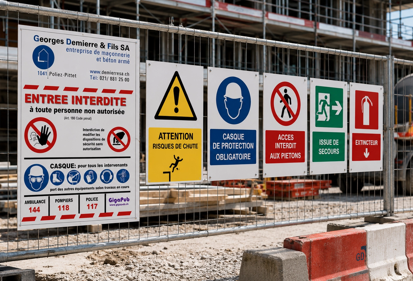 Panneaux de signalisation de sécurité posés dans un bâtiment professionnel pour guider les personnes et indiquer les consignes d’urgence.