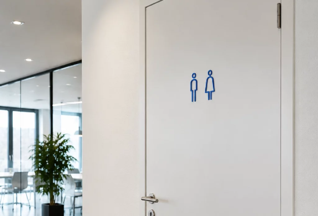 Pictogrammes sanitaires en plexiglas bleu translucide fixés sur une porte intérieure moderne.