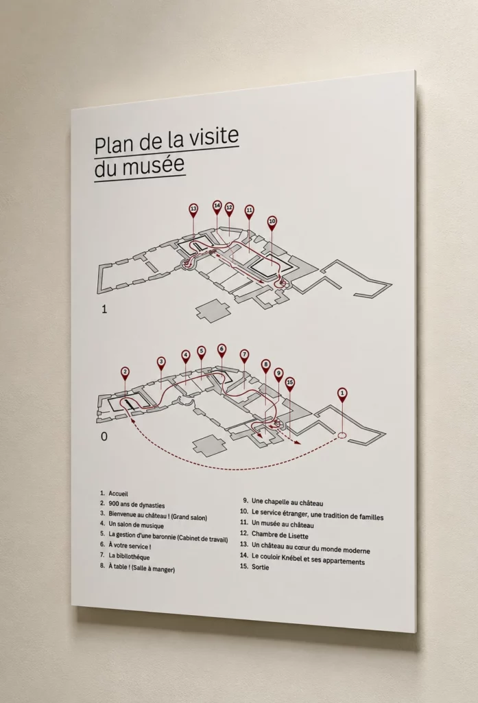 Panneau d'information présentant un plan d'orientation dans un musée ou un bâtiment public.
