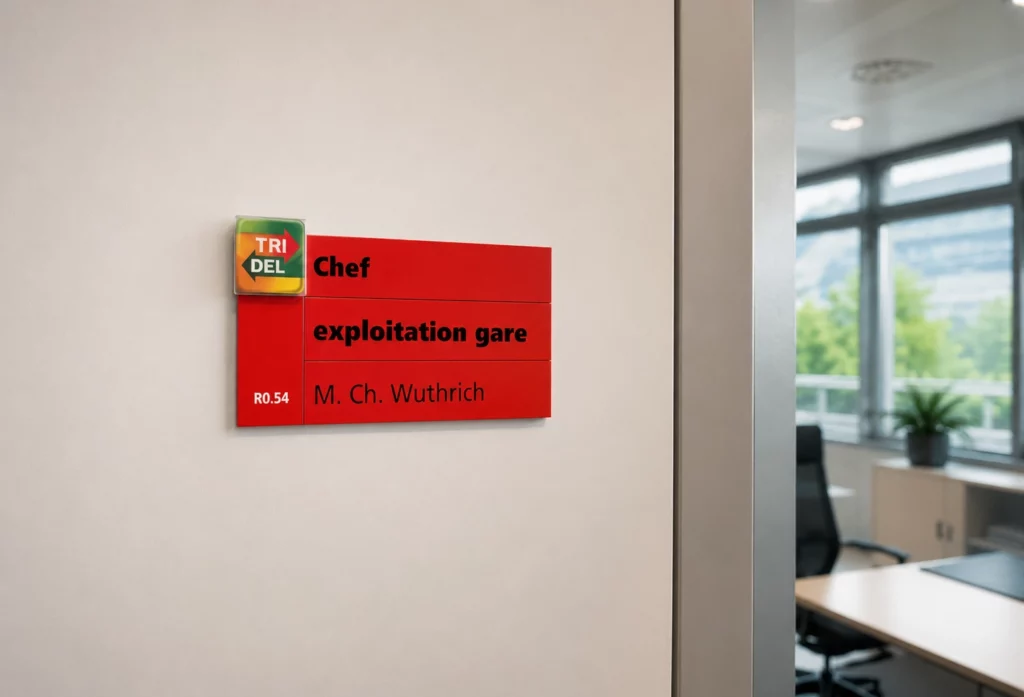 Plaque directionnelle murale indiquant les différents services d'un bâtiment.