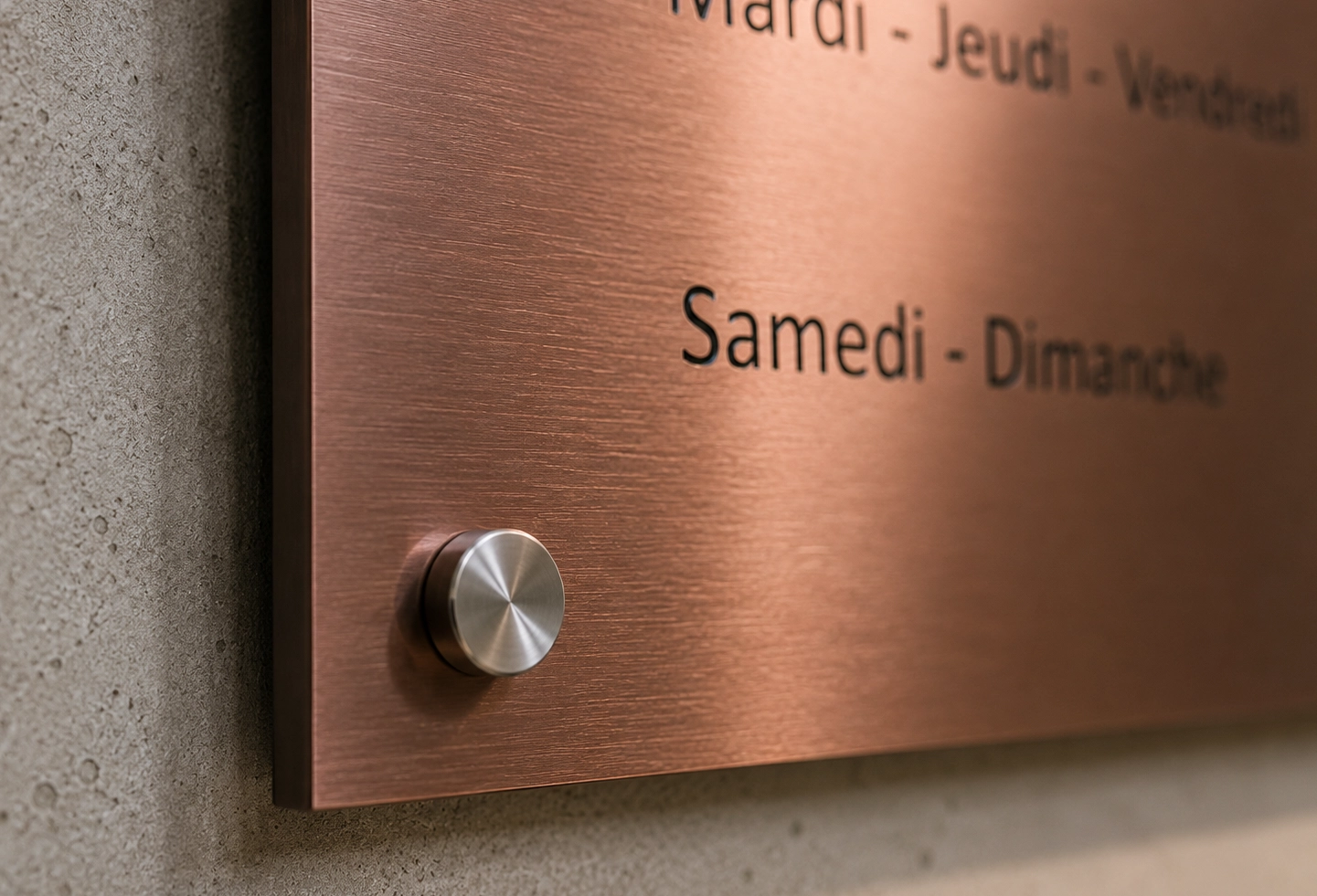 Gros plan sur une plaque d’entrée en métal brossé avec fixation inox et texte noir gravé.