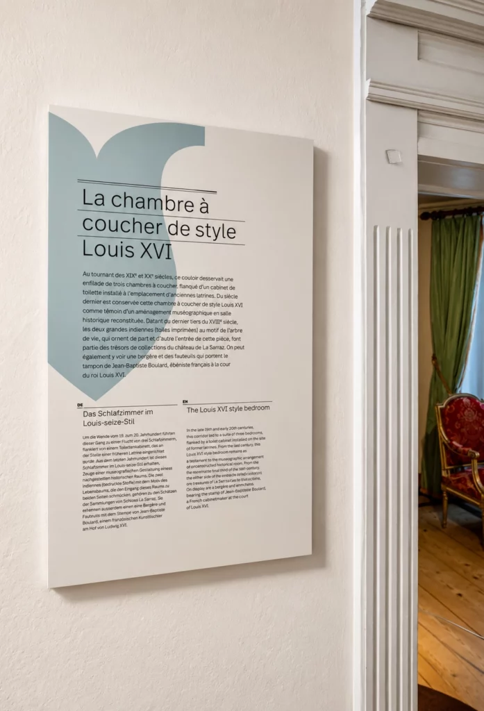 Panneau présentant un plan de visite destiné à orienter les visiteurs dans un musée ou un bâtiment public.