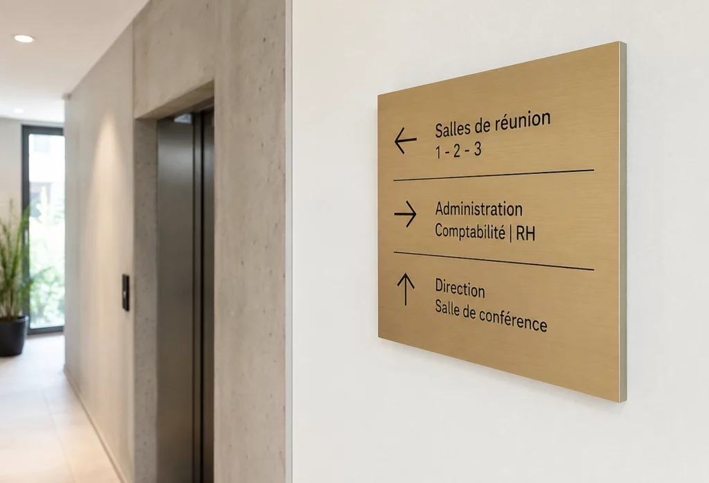 Plaque directionnelle haut de gamme avec finition métallique installée dans un bâtiment professionnel.