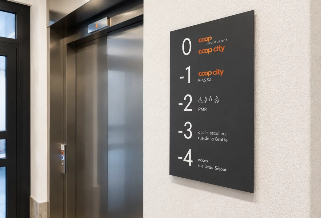 Plaque signalétique d'étages en aluminium installée à proximité d'un ascenseur dans un bâtiment professionnel moderne.