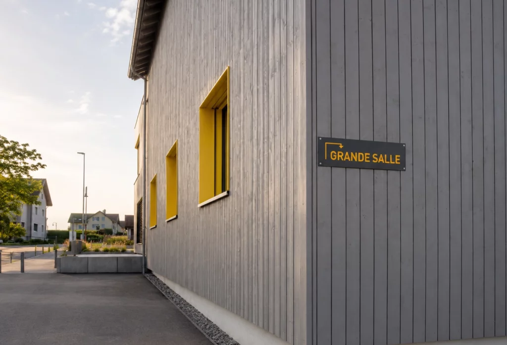 Grande plaque signalétique extérieure fixée sur la façade d'un bâtiment professionnel.