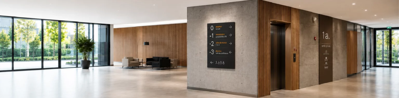 Plaques de signalétique personnalisées installées dans un bâtiment professionnel moderne pour orienter les visiteurs.