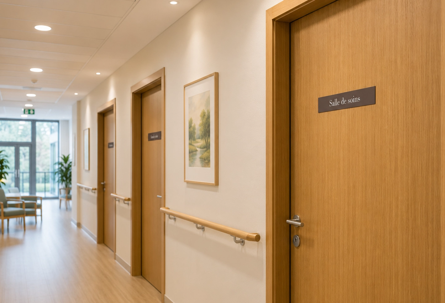 Plaquette de porte utilisée dans un couloir d’établissement médical ou médico-social.