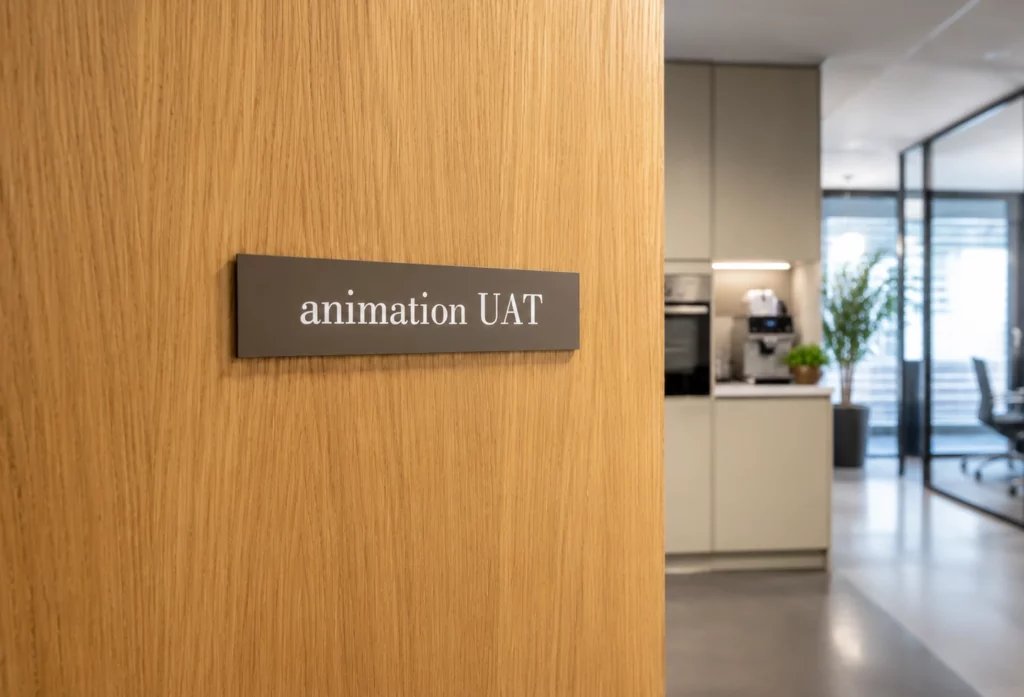 Plaquette signalétique fixée sur une porte de bureau dans un environnement professionnel.