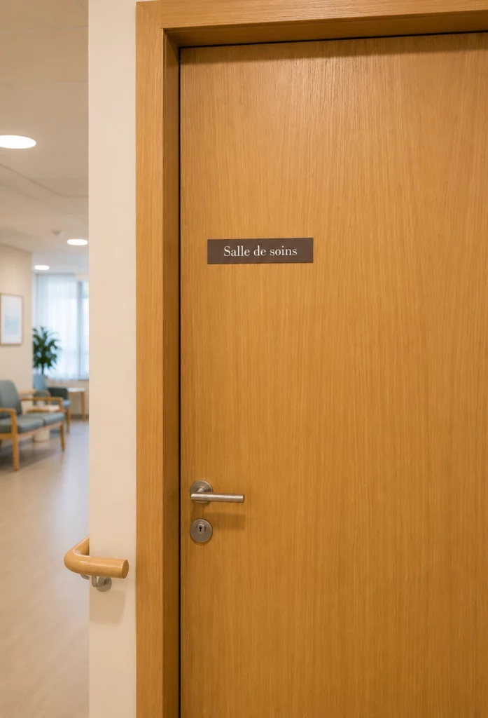 Plaquette signalétique haut de gamme indiquant une salle de soins sur une porte en bois.