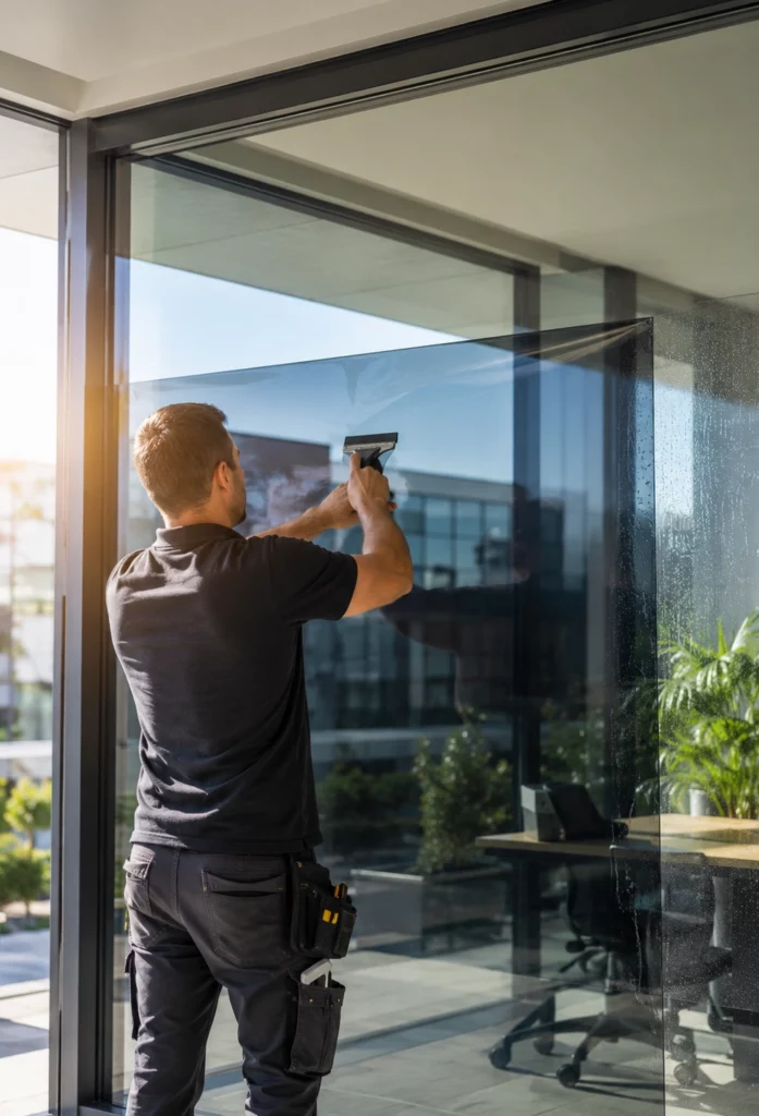 Pose professionnelle d’un film solaire anti-chaleur sur une baie vitrée de bureau.