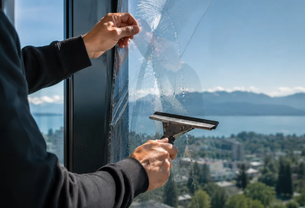 Pose professionnelle d’un film solaire anti-UV sur une vitrine commerciale avec finition propre et sur mesure.