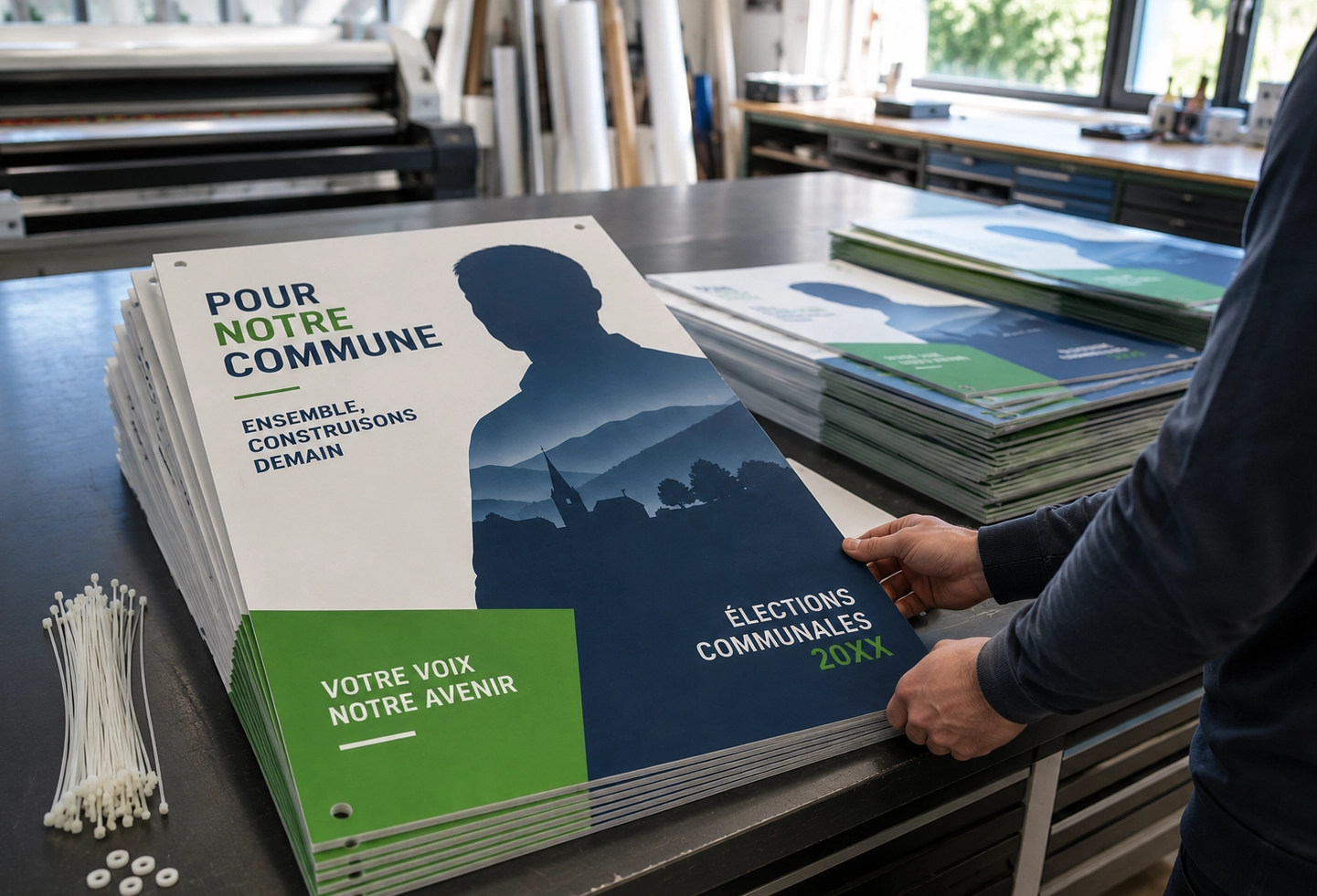Affiches électorales en carton imprimées et préparées dans un atelier de communication visuelle.