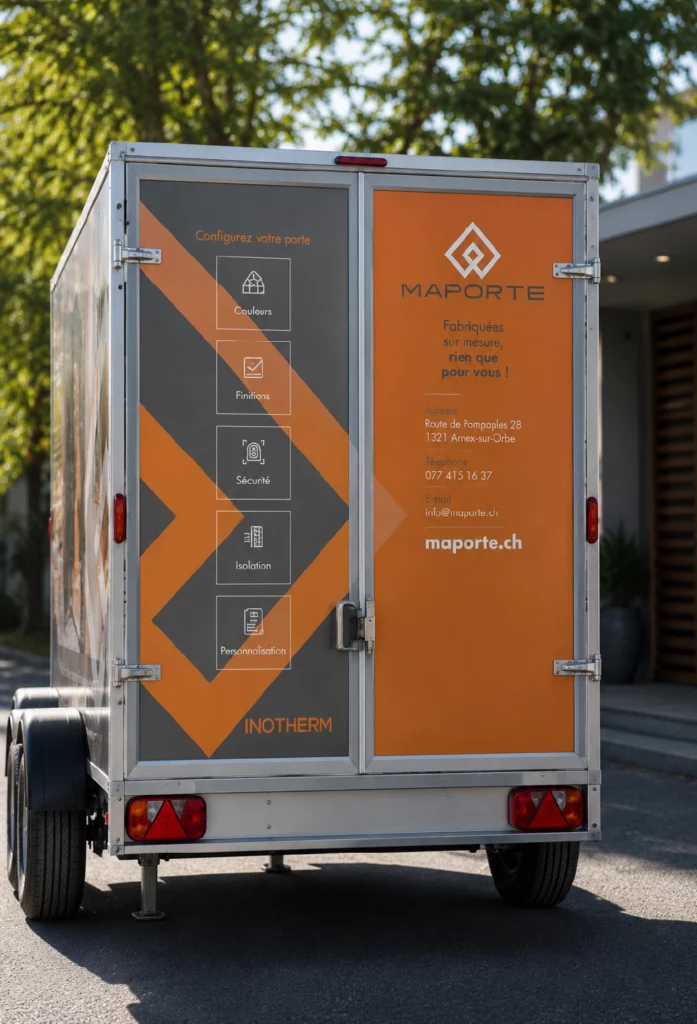 Remorque utilitaire avec covering publicitaire personnalisé.