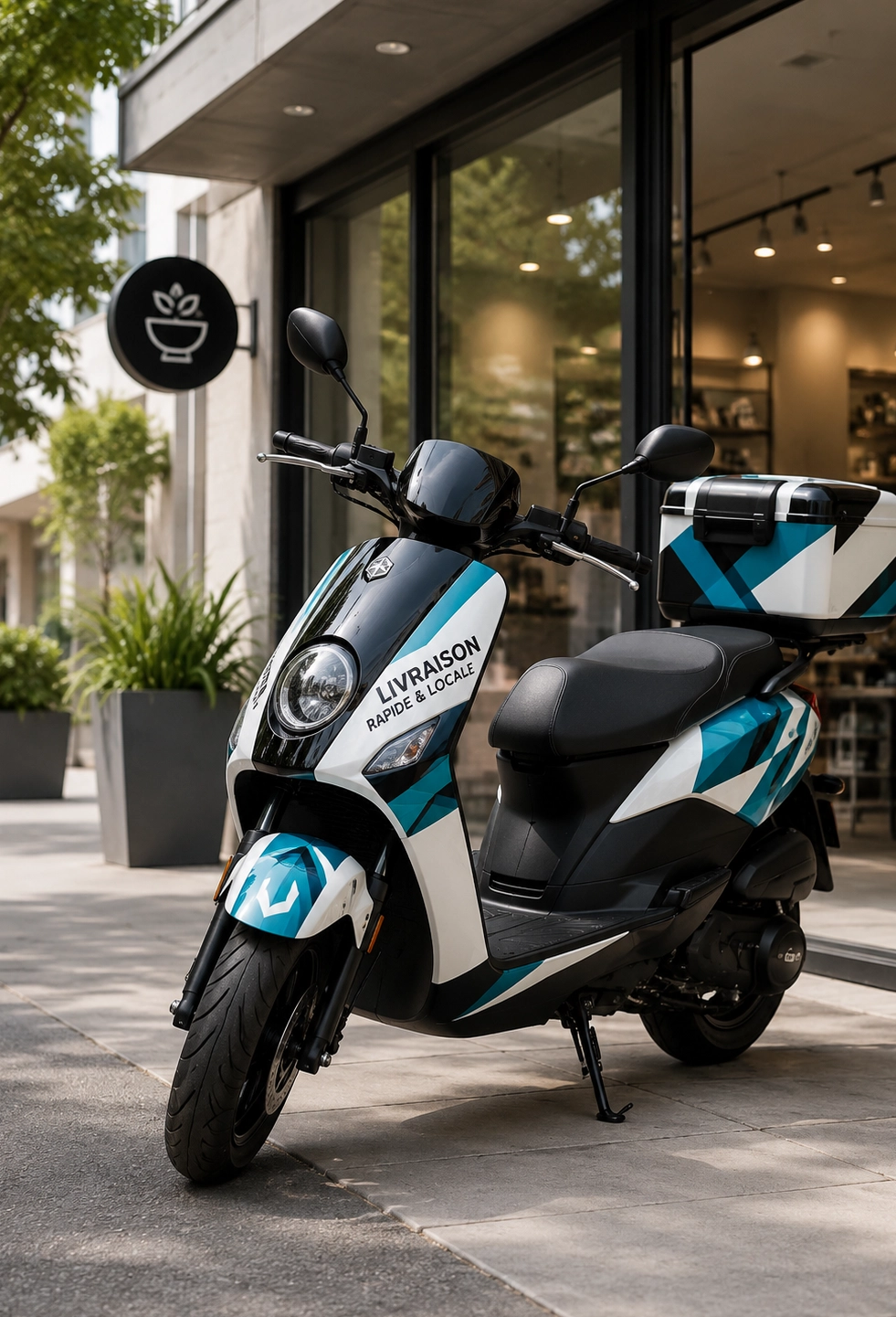 Scooters et moto avec covering publicitaire stationnés devant un commerce en Suisse romande.