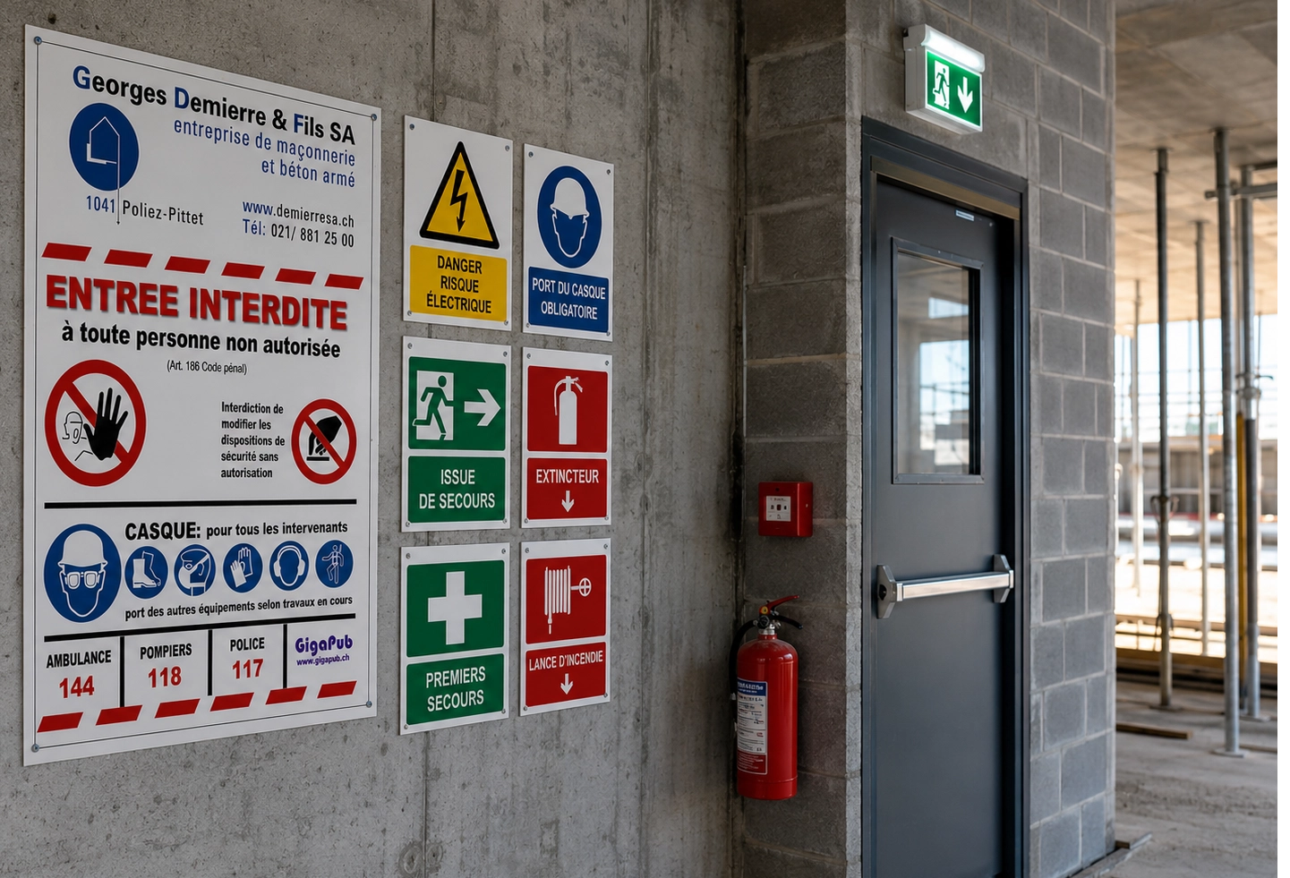 Ensemble de panneaux de sécurité signalant les risques et obligations dans une zone de chantier en activité.