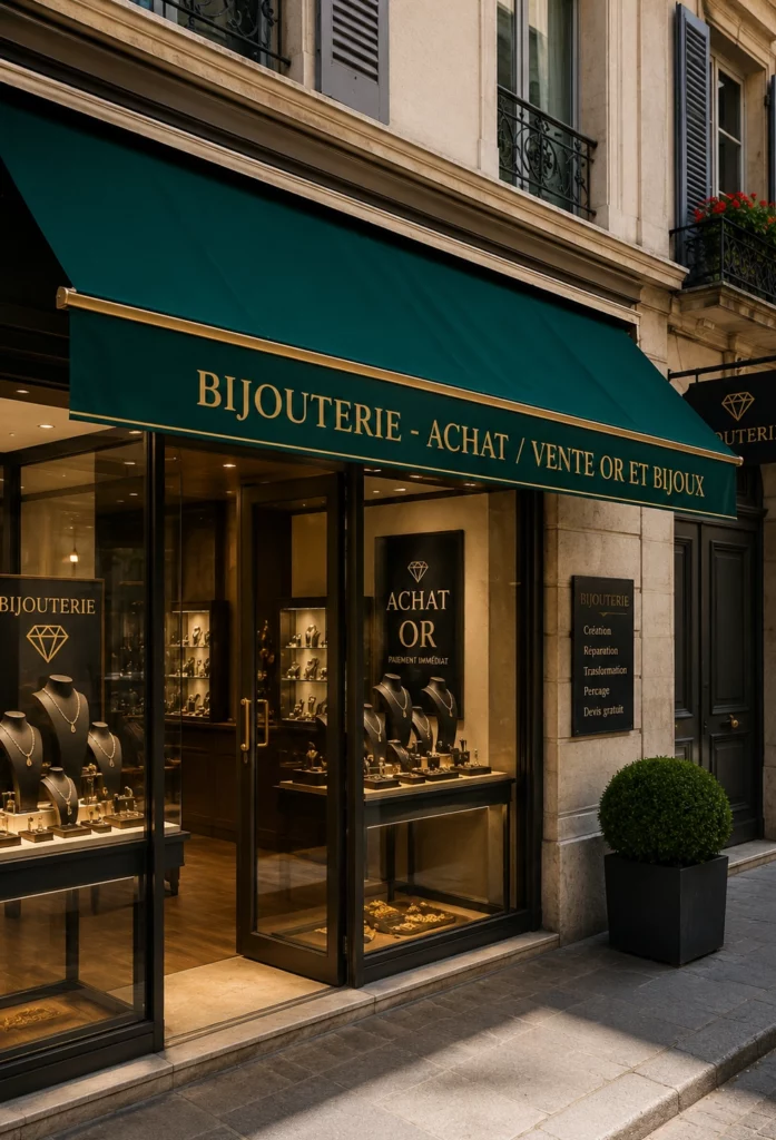 Store personnalisé installé devant une bijouterie avec marquage sur le volant.
