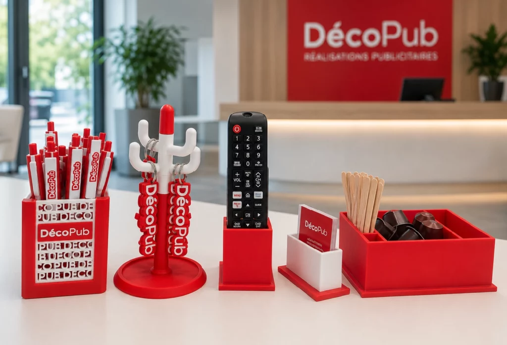 Objets personnalisés fabriqués en impression 3D pour un espace d'accueil ou une salle de réunion.