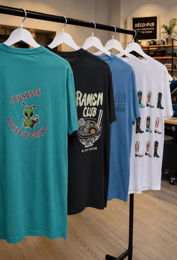 Participants portant des t-shirts personnalisés lors d'un événement en Suisse.