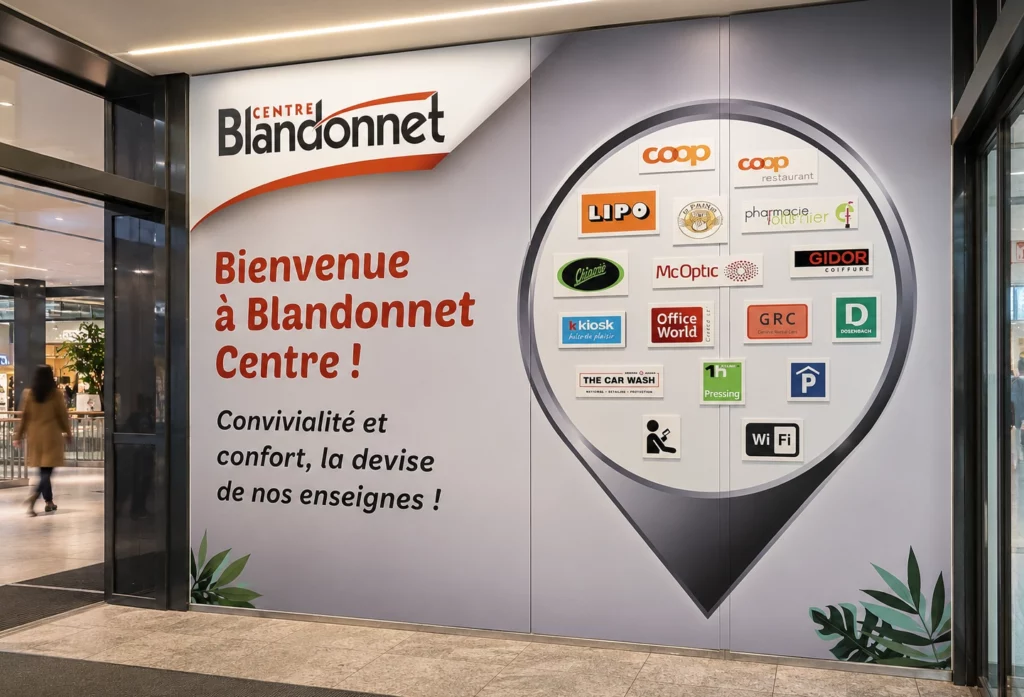 Habillage grand format réalisé sur la vitrine d'un centre commercial avec impression personnalisée et signalétique des enseignes.