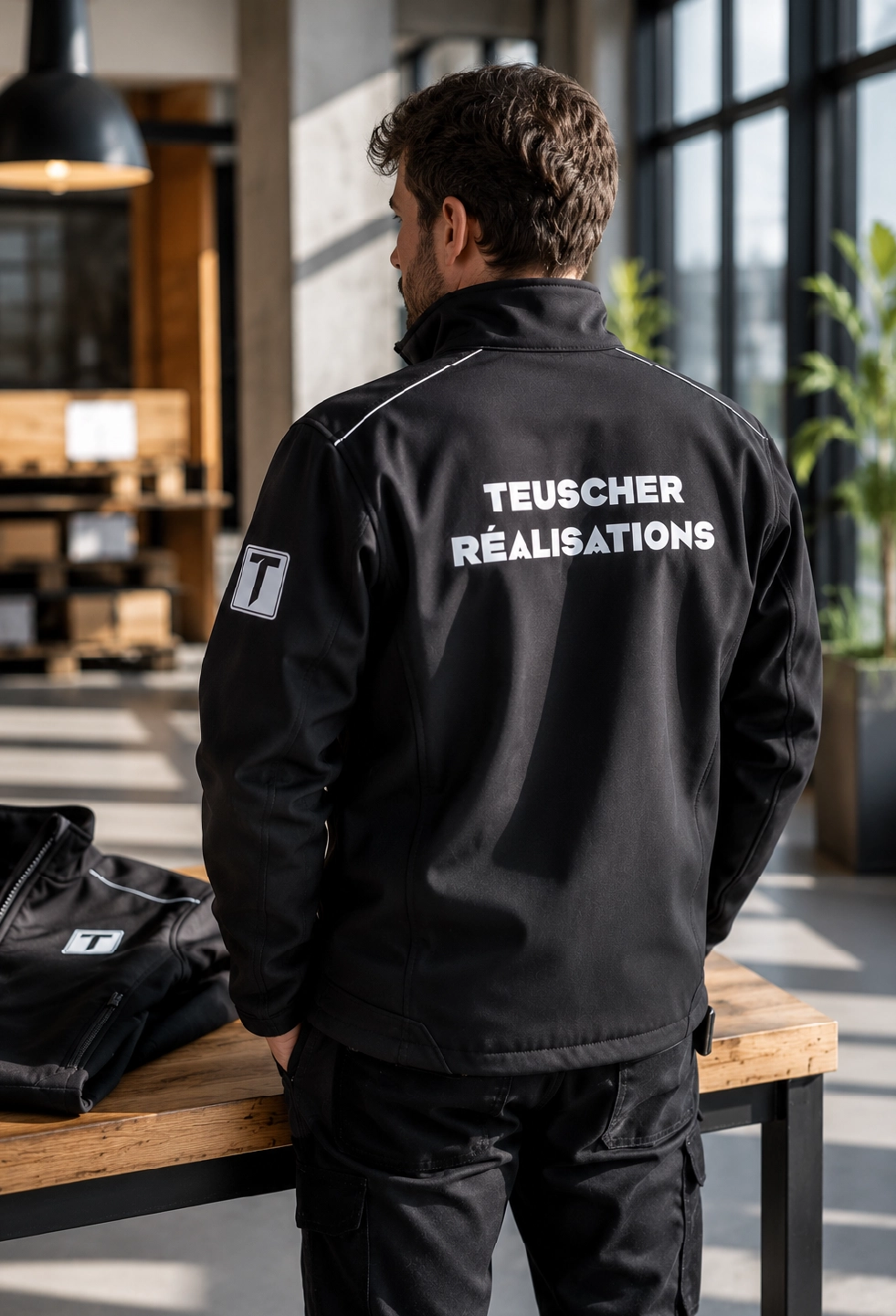 Veste de travail personnalisée noire avec logo sur la poitrine et marquage grand format au dos.