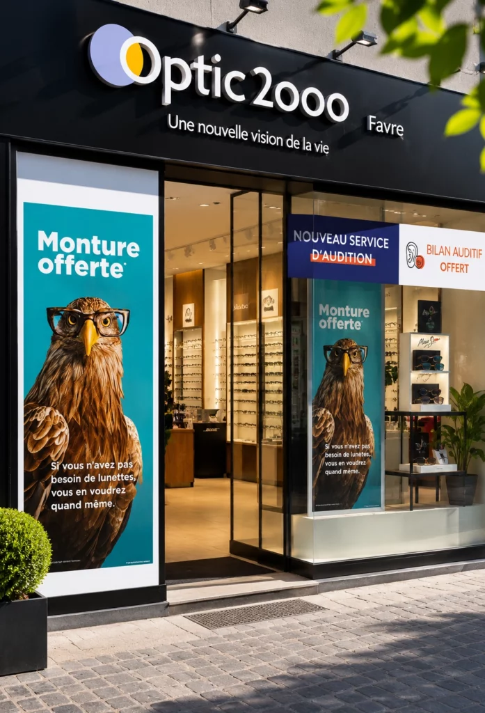 Vitrine promotionnelle moderne avec affichage publicitaire sur un commerce.