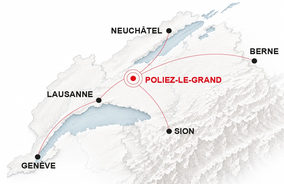 Carte illustrée situant Déco-Pub à Poliez-le-Grand et son activité au cœur de la Suisse romande.