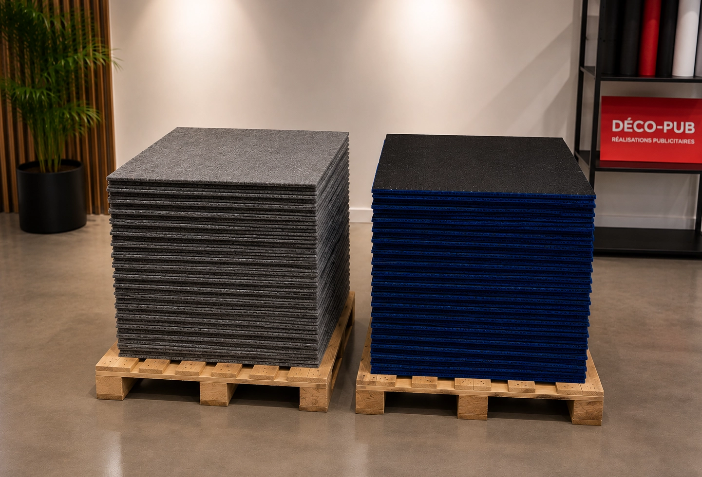 Dalles de moquette grises et bleues disponibles à la location chez Déco-Pub