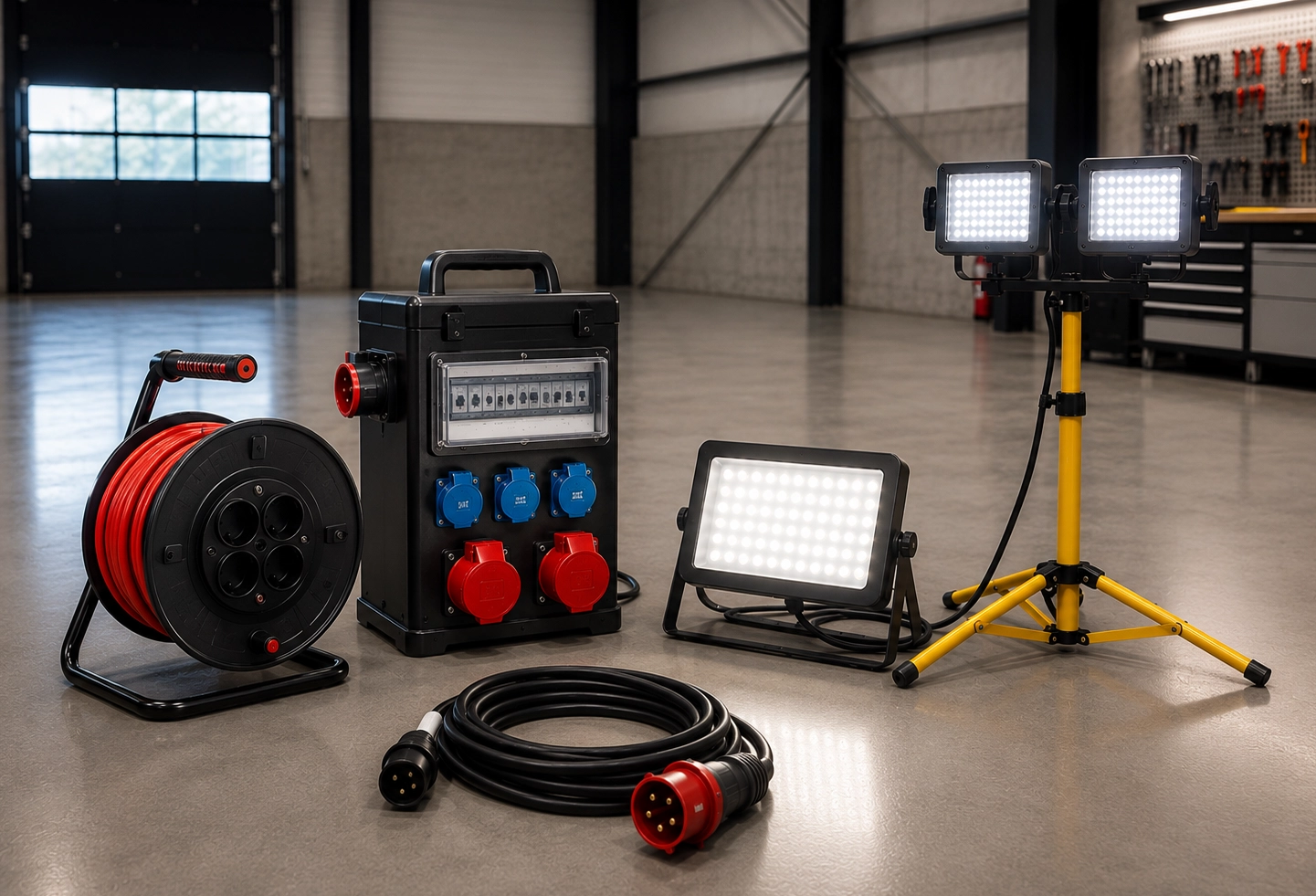 Matériel électrique professionnel disponible à la location chez Déco-Pub : tableaux électriques, enrouleurs, projecteurs LED et rallonges.