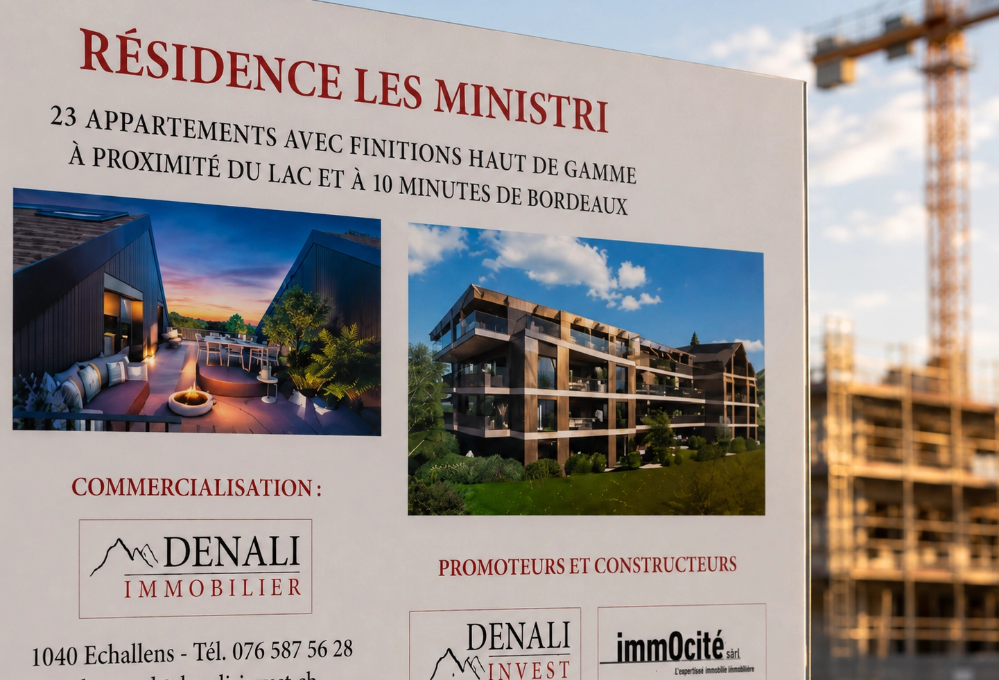 Détail d’un panneau de chantier pour une promotion immobilière avec visuels architecturaux imprimés en grand format.